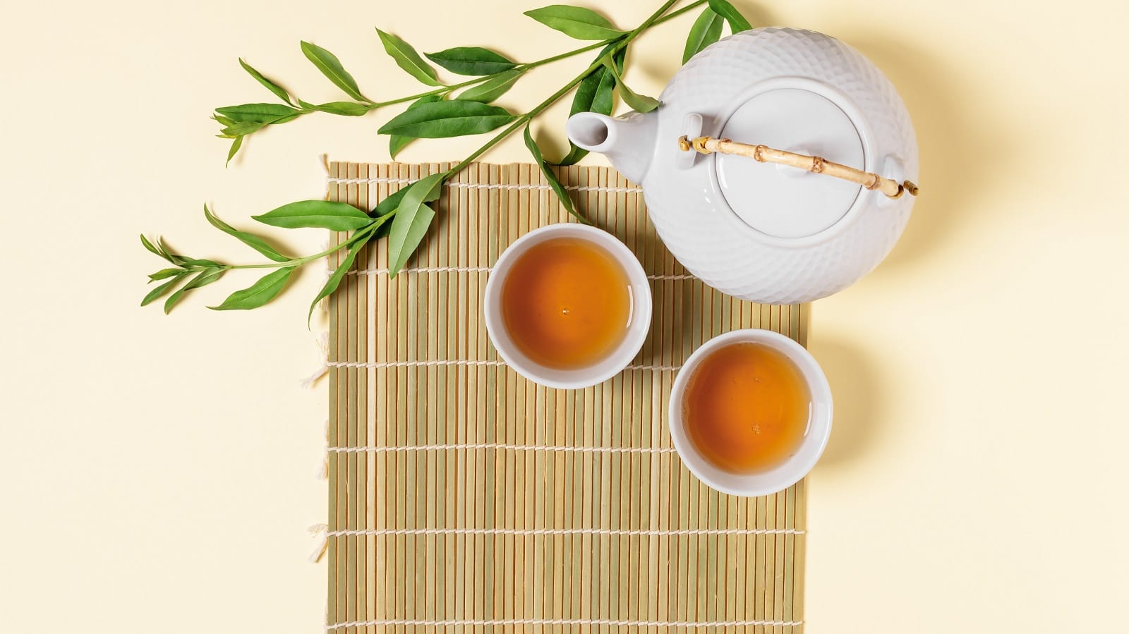 Eine weiße Porzellan Kanne auf einer Bambus-Unterlage neben zwei mit Grün Tee gefüllten Tassen und zwei Zweigen der Teepflanze, von oben vor hellem Hintergrund.