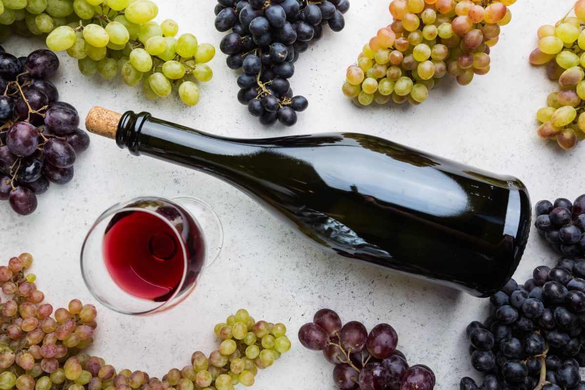 Fakten über Wein, Flasche mit Trauben vor hellem Untergrund