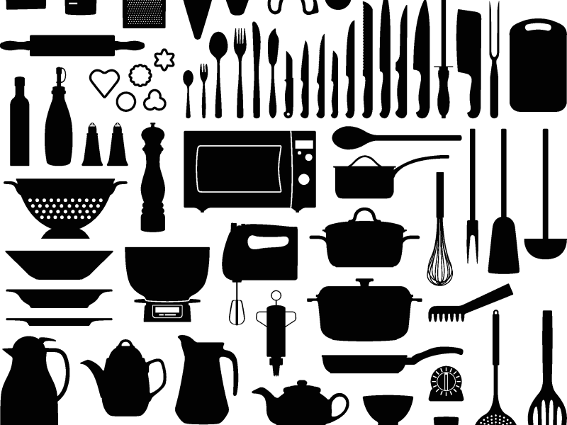 Verschiedenste Küchenutensilien von Töpfen bis Messern in einer Grafik vereint.