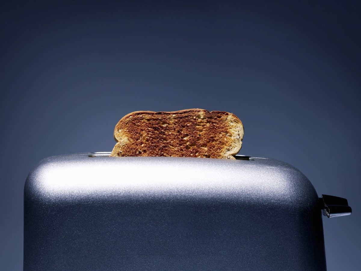 Woher kommt das Toastbrot? Ein Toast liegt geröstet in einem silbernen Toaster vor einem blau-grauen Hintergrund.