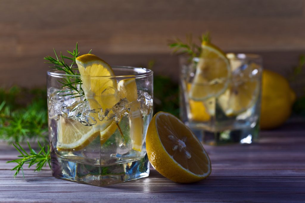 Gin Tonic mit Zitrone und Eis und Rosmarin
