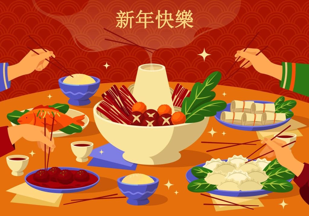 Illustration zum chinesischen Neujahrsessen mit verschiedenen Gerichten auf einem Tisch vor einem roten Hintergrund.
