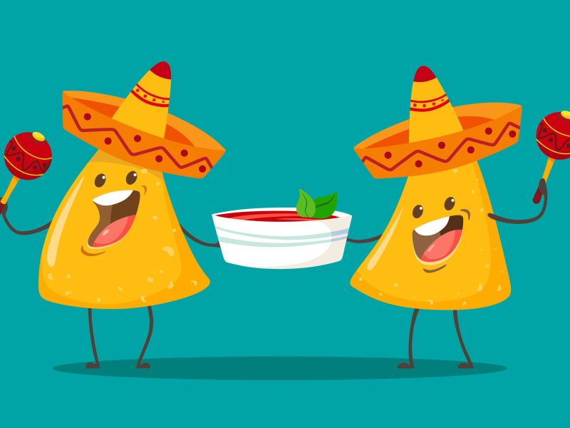 Eine Comiczeichnung zweier Tortilla-Chips mit Sombreros und Rasseln in der Hand, die gemeinsam eine Schale Salsa halten.