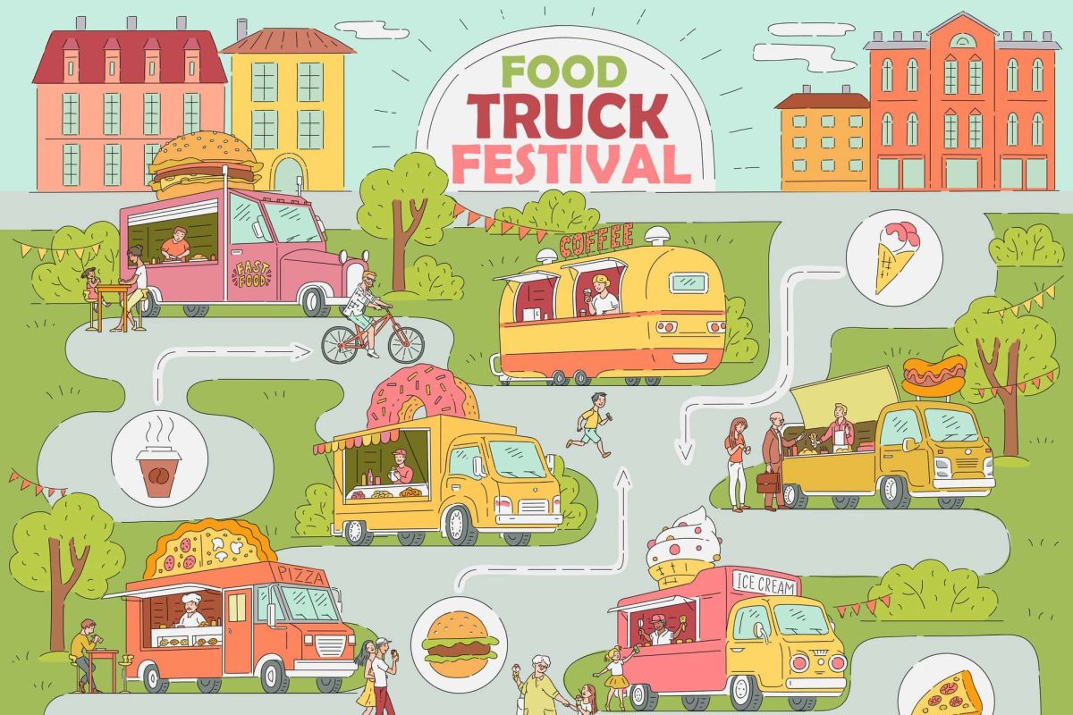 Zum Tag der Food Trucks National Food Truck Day Grafik mit Karte einen fiktiven Fodd Truck Festivals im Comicstil.