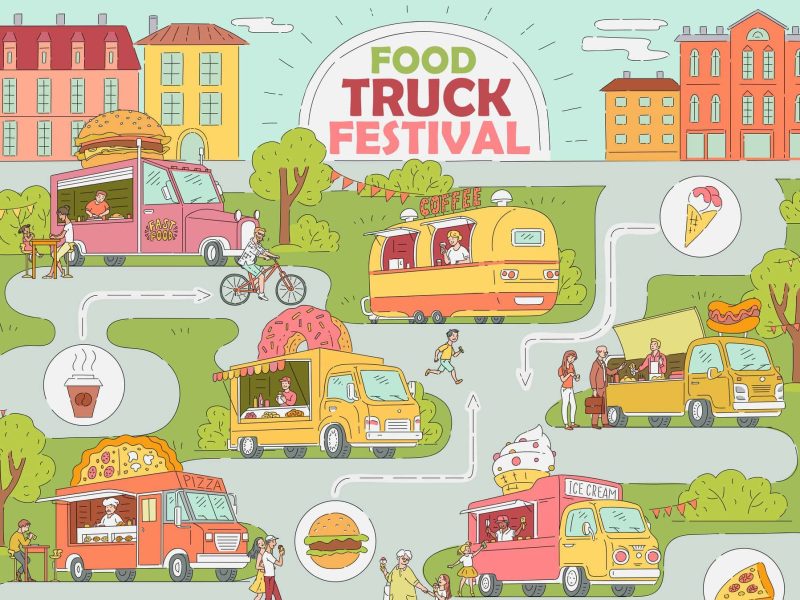 Zum Tag der Food Trucks National Food Truck Day Grafik mit Karte einen fiktiven Fodd Truck Festivals im Comicstil.
