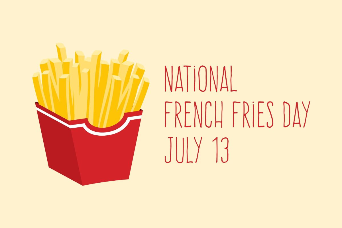 Zum National French Fries Day in den USA Grafik mit roter Pommestüte und Schriftzug. Frontalansicht.