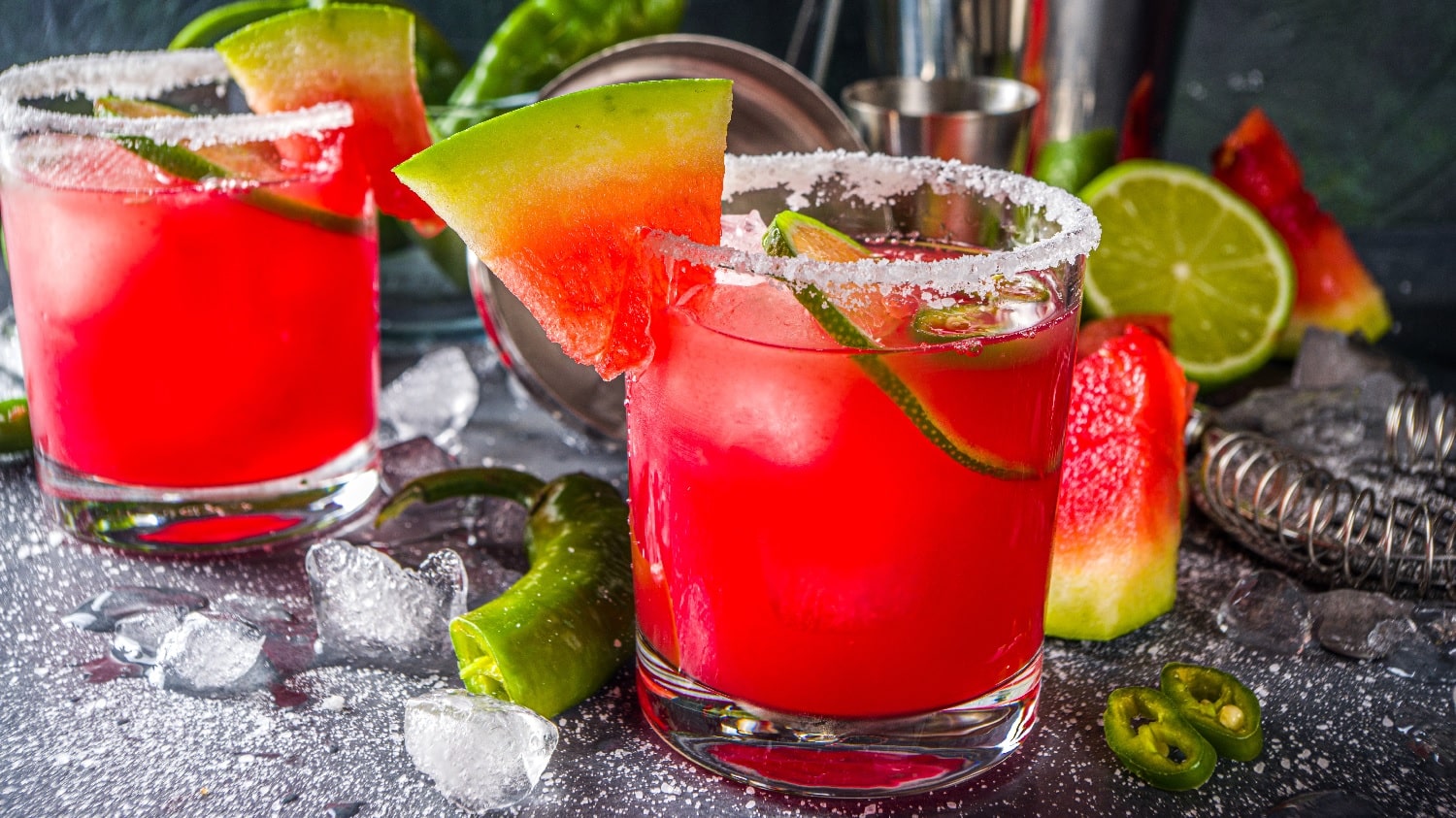 Mehrere rot-leuchtende Wassermelonen-Drinks auf einem grauen Untergrund mit Eis, Chili und Wassermelonenstückchen.