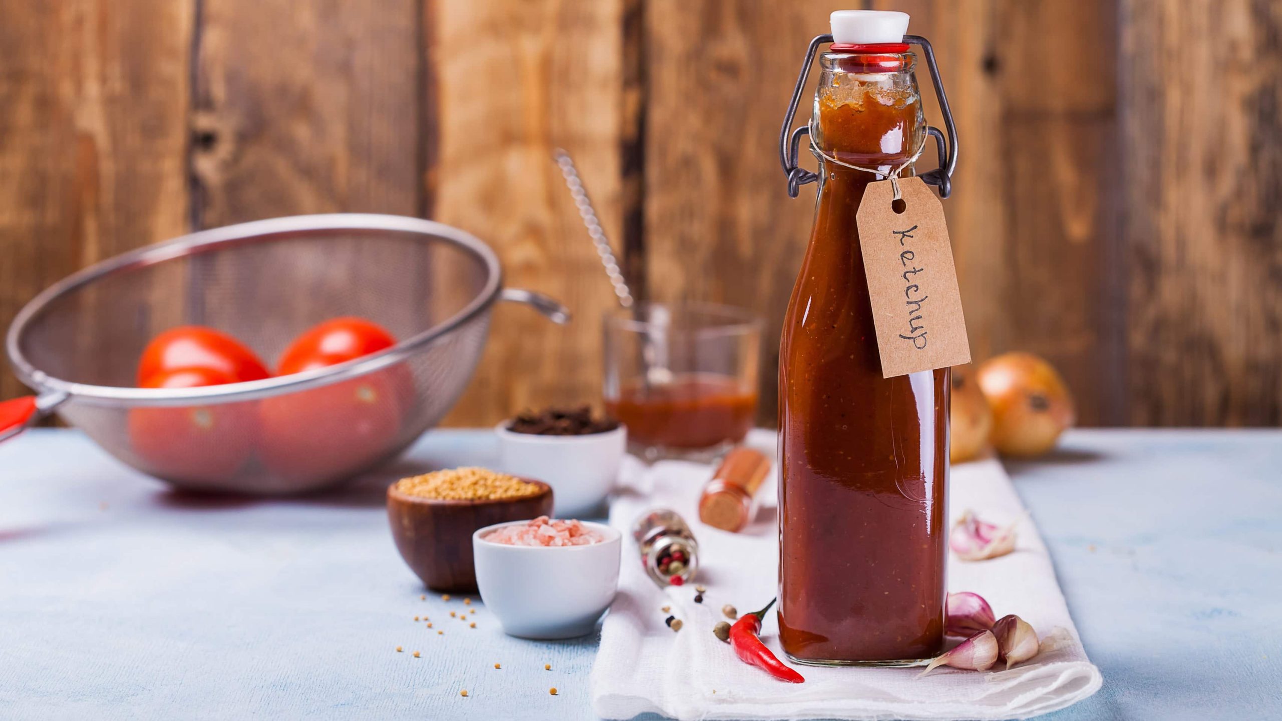 Selbst gemachter Curry Ketchup in Flasche mit Etikett auf weißem Tuch und blauem Untergrund. Im Hintergrund Gewürze, Tomaten in einem Sieb, Zwiebeln, Chili, Knoblauch und Glas mit Sauce und Löffel. Frontalansicht.