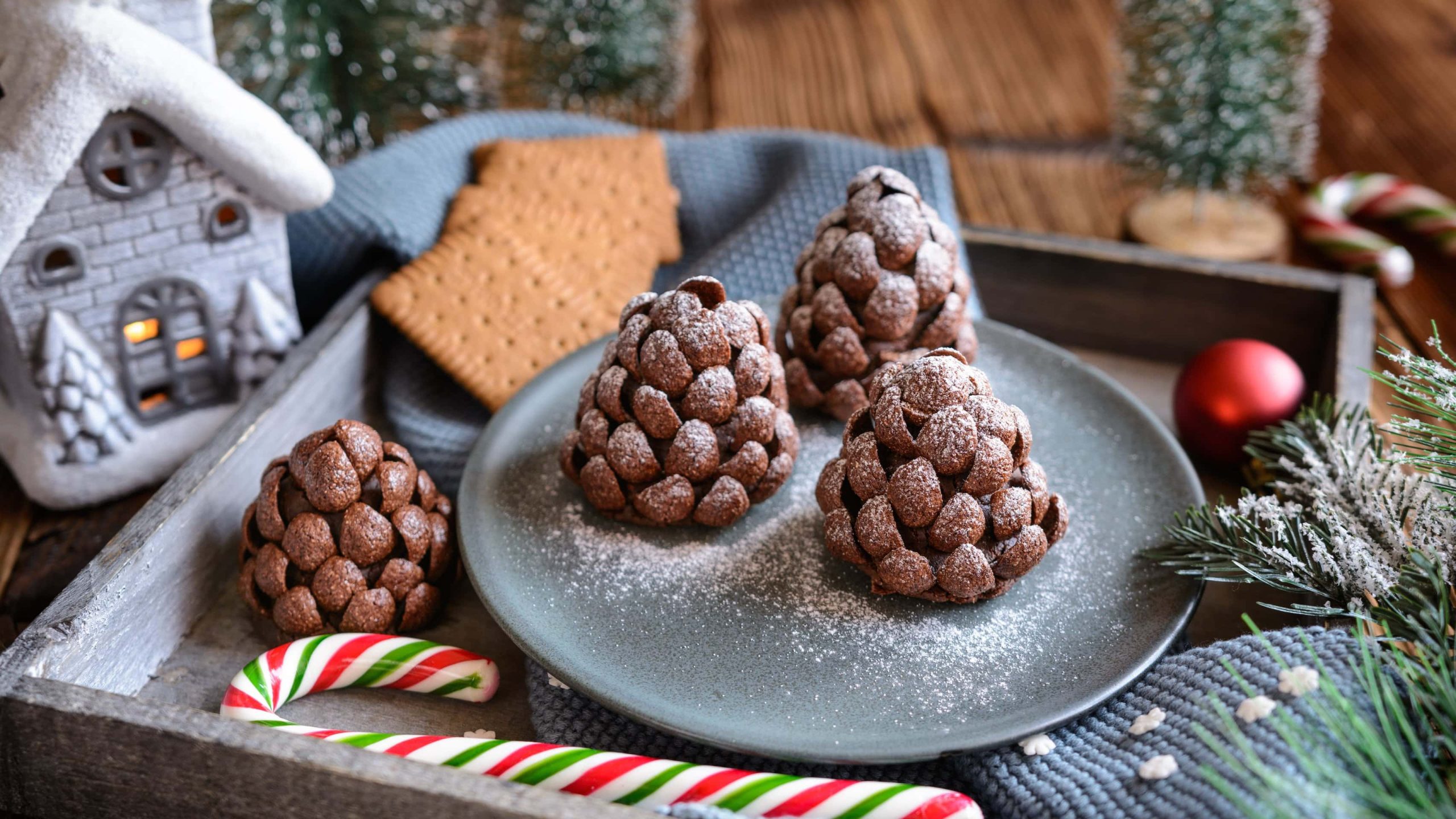 Vier der Schokoladen-Tannenzapfen auf einem grauen Teller mit Puderzucker. Daneben viel weihnachtliche Dekoration.