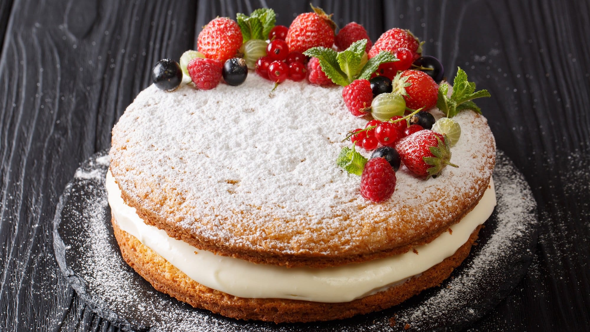 Ein Victoria Sponge Cake mit weißer Sahnecreme, Puderzucker und frischen Beeren.