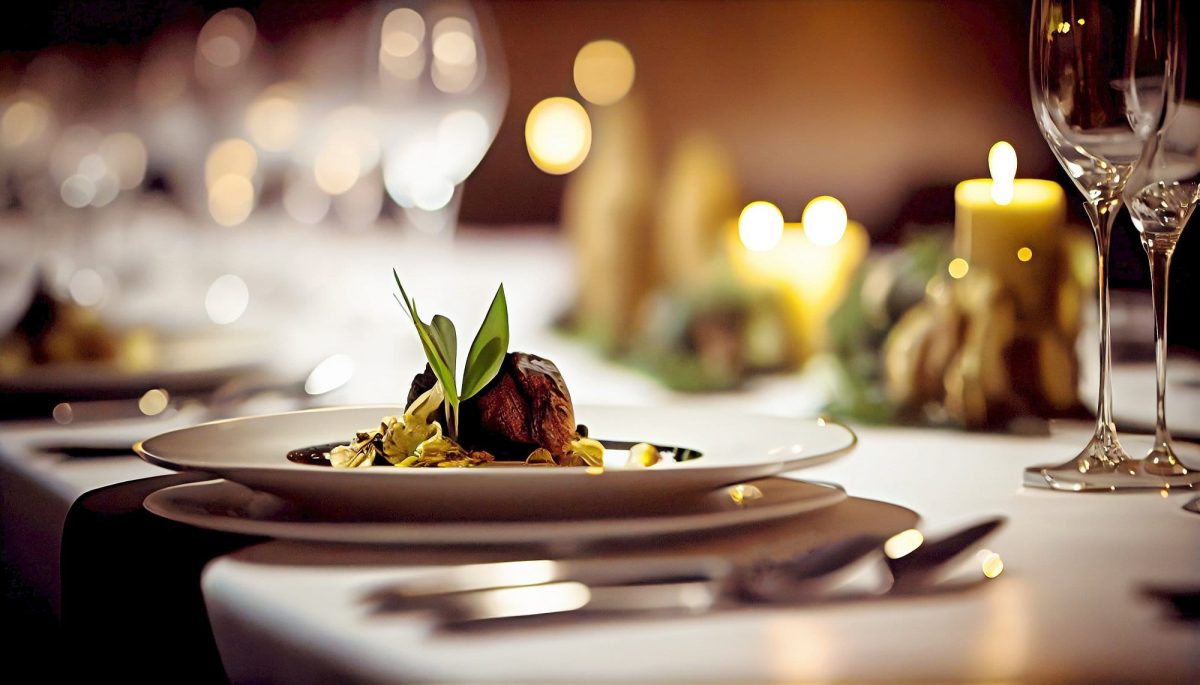 Michelin-Guide 2023: Ein stilvoll gedeckter Tisch mit Kerzen, Weingläsern und einem Teller mit einer Vorspeise.