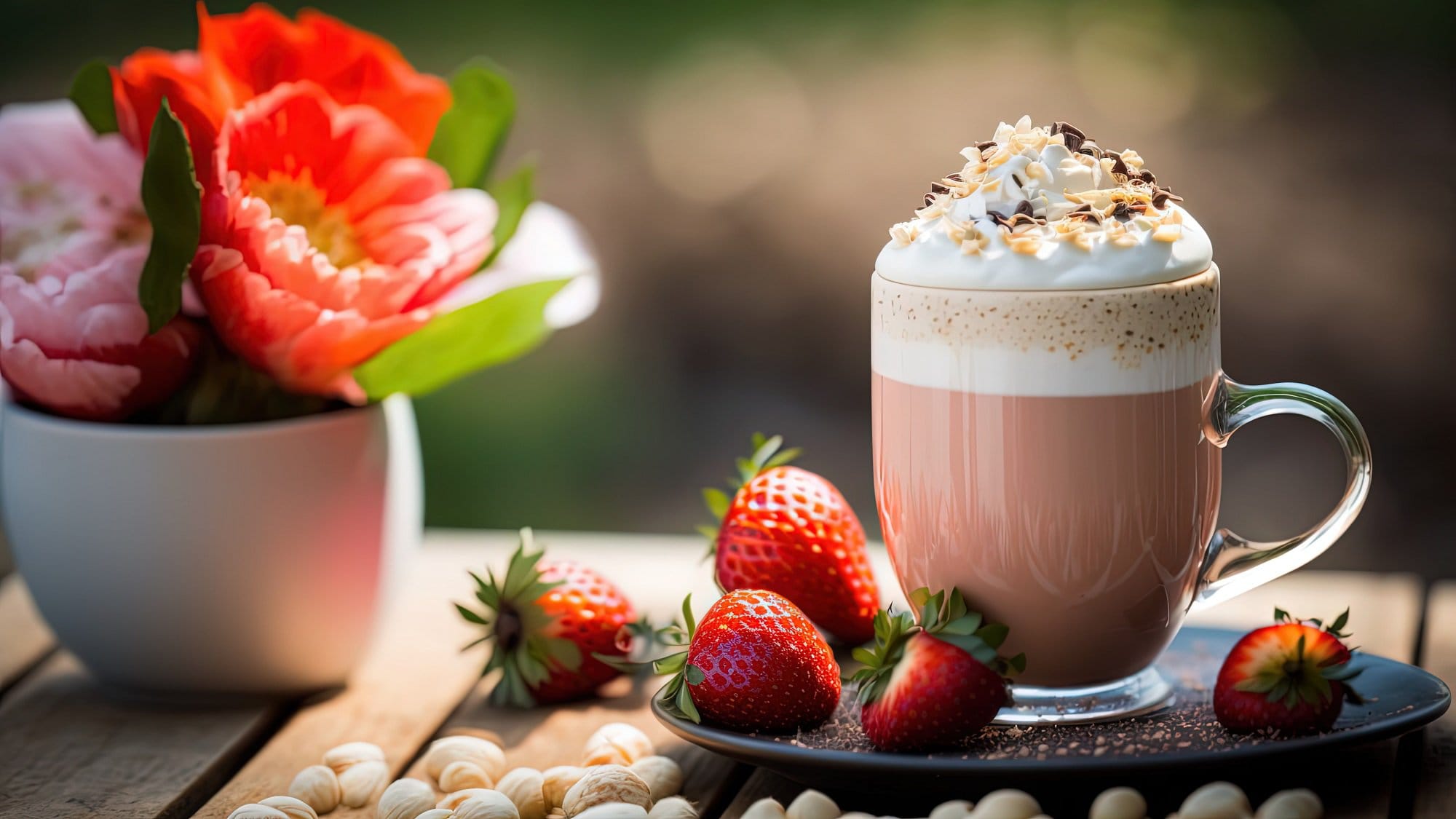 Eine Glastasse Iced Strawberry Latte mit Sahne und Schokostreuseln, daneben frische Erdbeeren und ein Blumenstrauß.