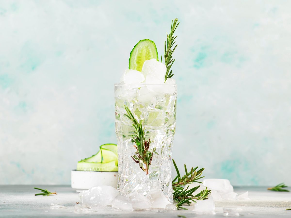 Erfrischender Gin Tonic mit Eiswürfeln, Gurkenscheibe und Rosmarinzweig in einem hohen Glas.