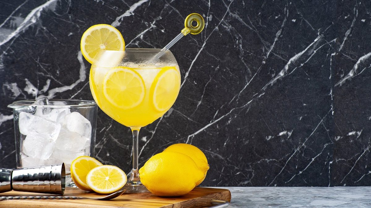 Ein Glas Limoncello Gin Fizz mit Eiswürfeln und Zitronenscheiben auf einem Brett, darauf auch frische Zitronen und ein Glas mit Eiswürfeln.