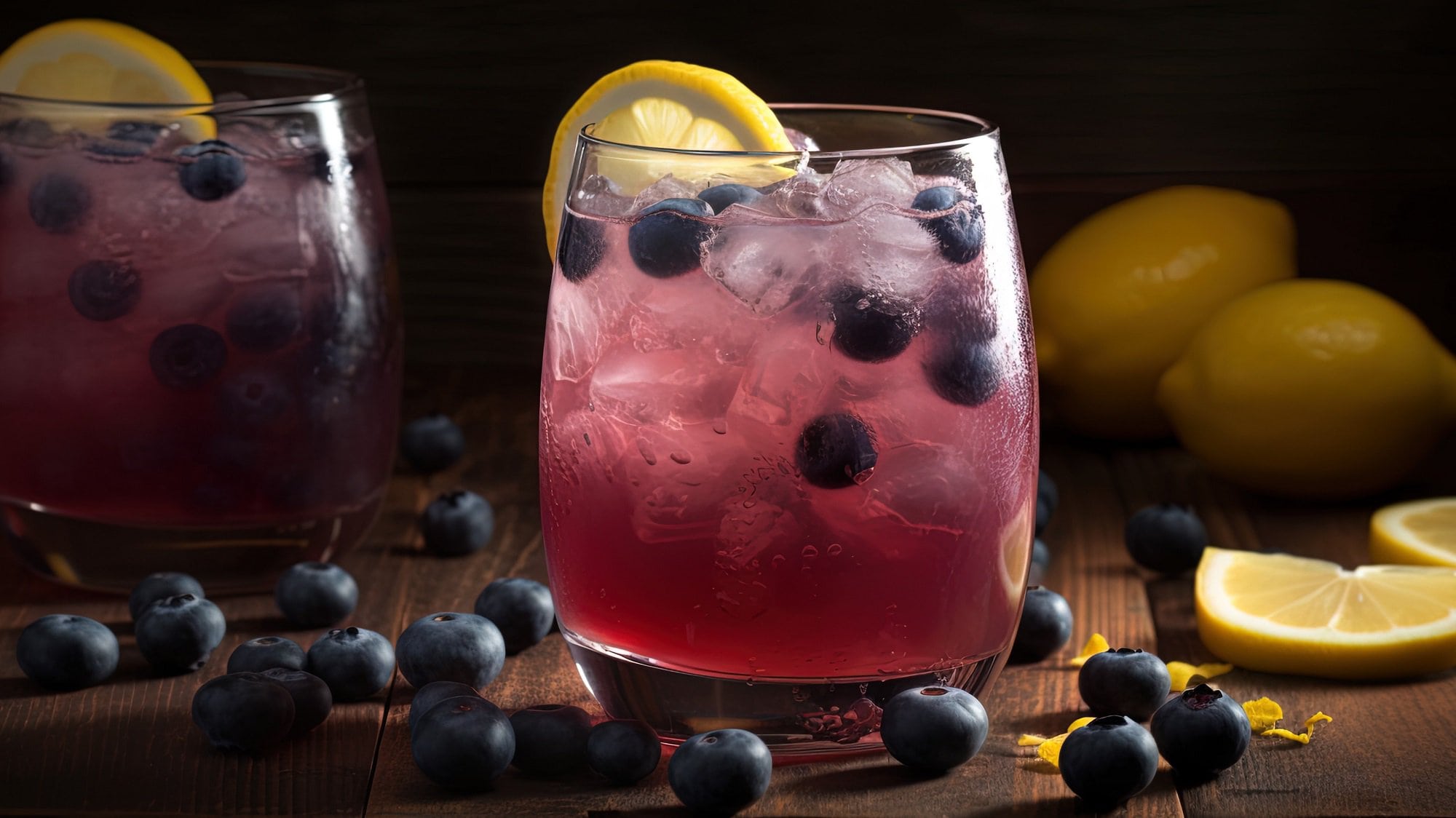 2 Gläser Pink Gin Spritz mit Heidelbeeren und Eis, daran steckt eine Zitronenscheibe, drumherum frische Blaubeeren und Zitronenstücke.