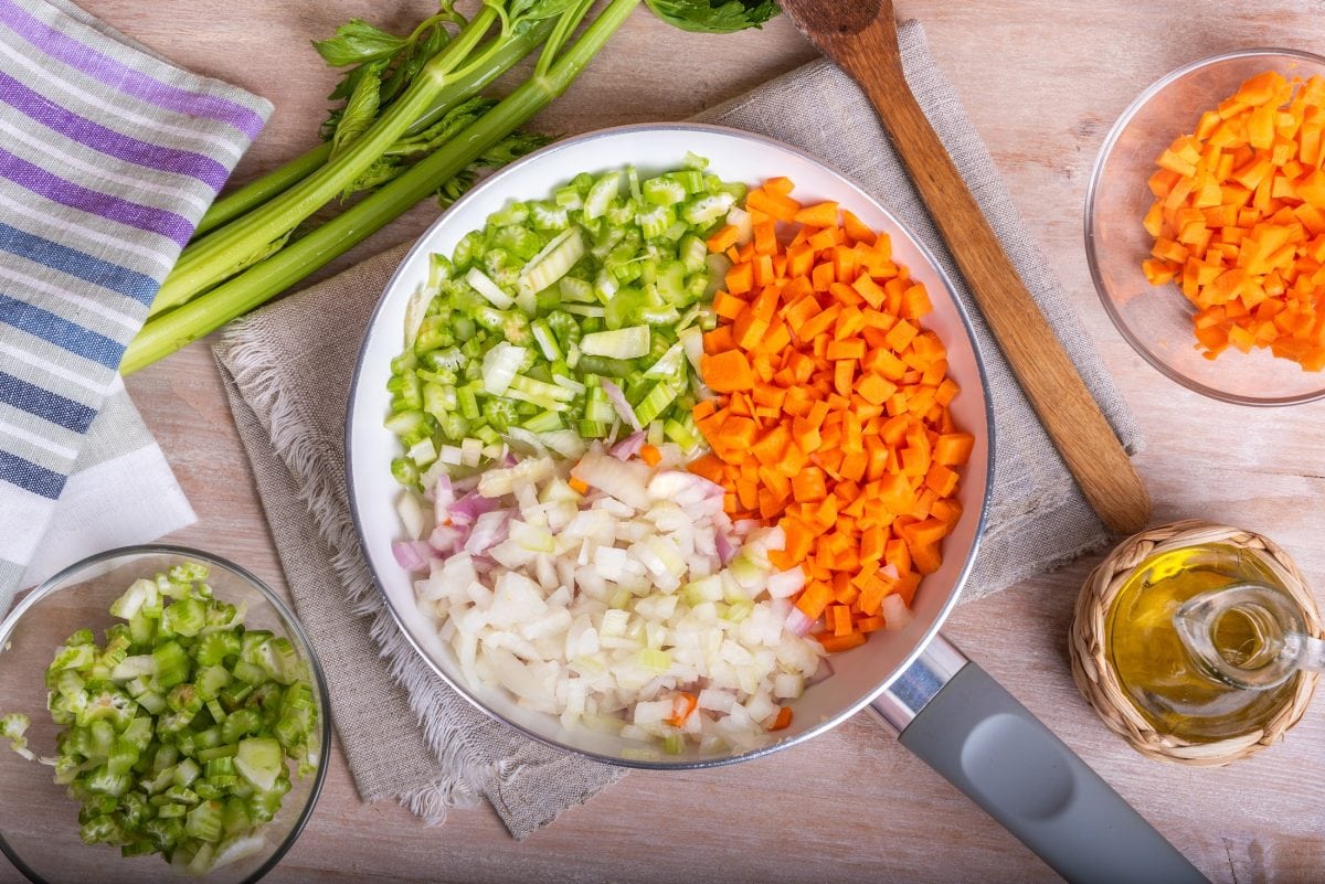 Draufsicht: Auf einer Arbeitsplatte in einer Küche liegt eine Pfanne mit gleichmäßig geschnittenem Gemüse. Es handelt sich um ein Mirepoix. Drum herum liegen Küchenhandtücher und klein geschnittenes Gemüse.