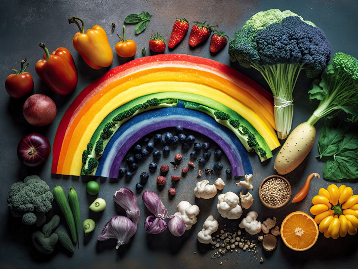 Ein bunter Regenbogen auf einem grauen Tisch und drumherum viele Obst- und Gemüsesorten in den entsprechenden Farben verteilt. Alles direkt von oben fotografiert.