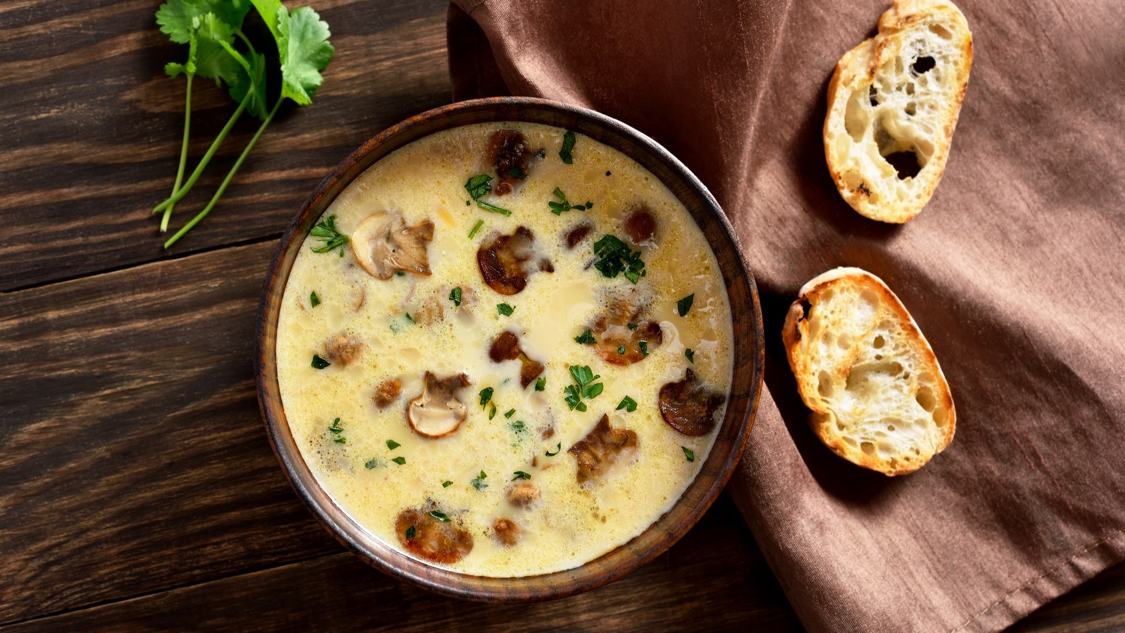 Draufsicht: Eine Schüssel Champignon-Suppe mit Gruyère steht auf einem dunklen, rustikalen Untergrund aus Holz. Daneben liegen zwei geröstete Weißbrotscheiben.